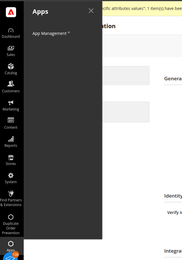Admin sidebar with Apps and Duplicate Order Prevention