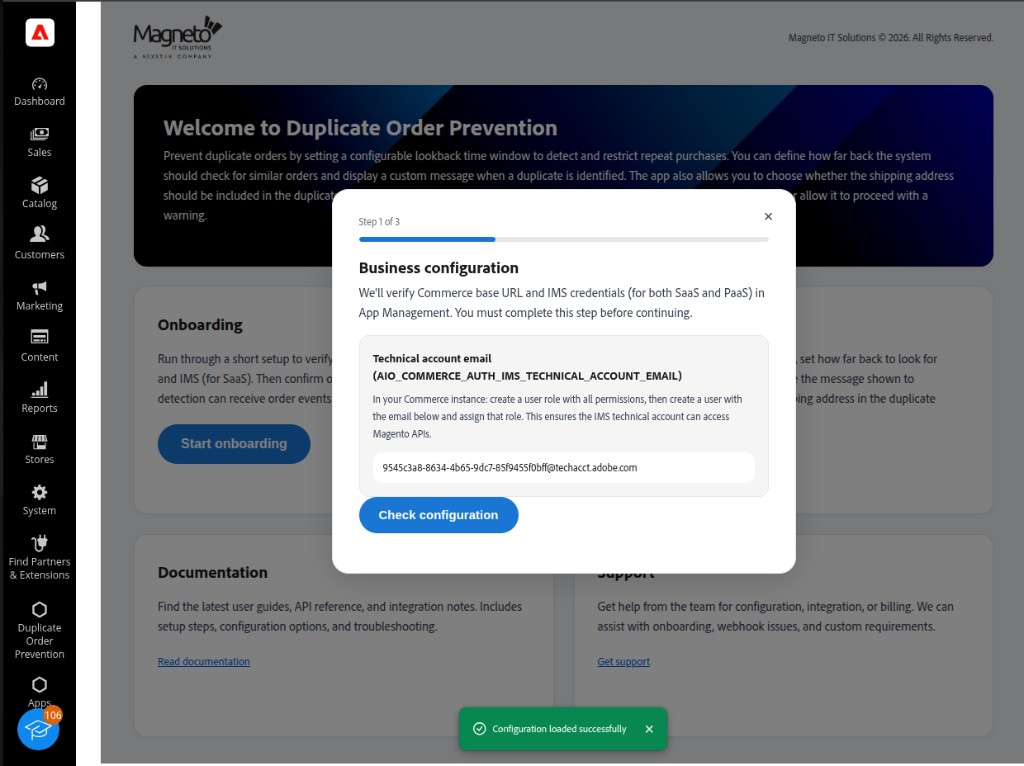Onboarding Step 1 – Business configuration with technical account email