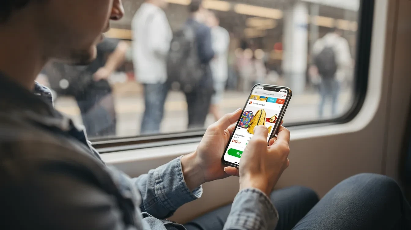 A person is seated on a train, engrossed in browsing a shopping app on their smartphone, while blurred commuters can be seen in the background. This scene highlights the rise of mobile commerce, where mobile users engage with online stores, reflecting key trends in the UK ecommerce market.
